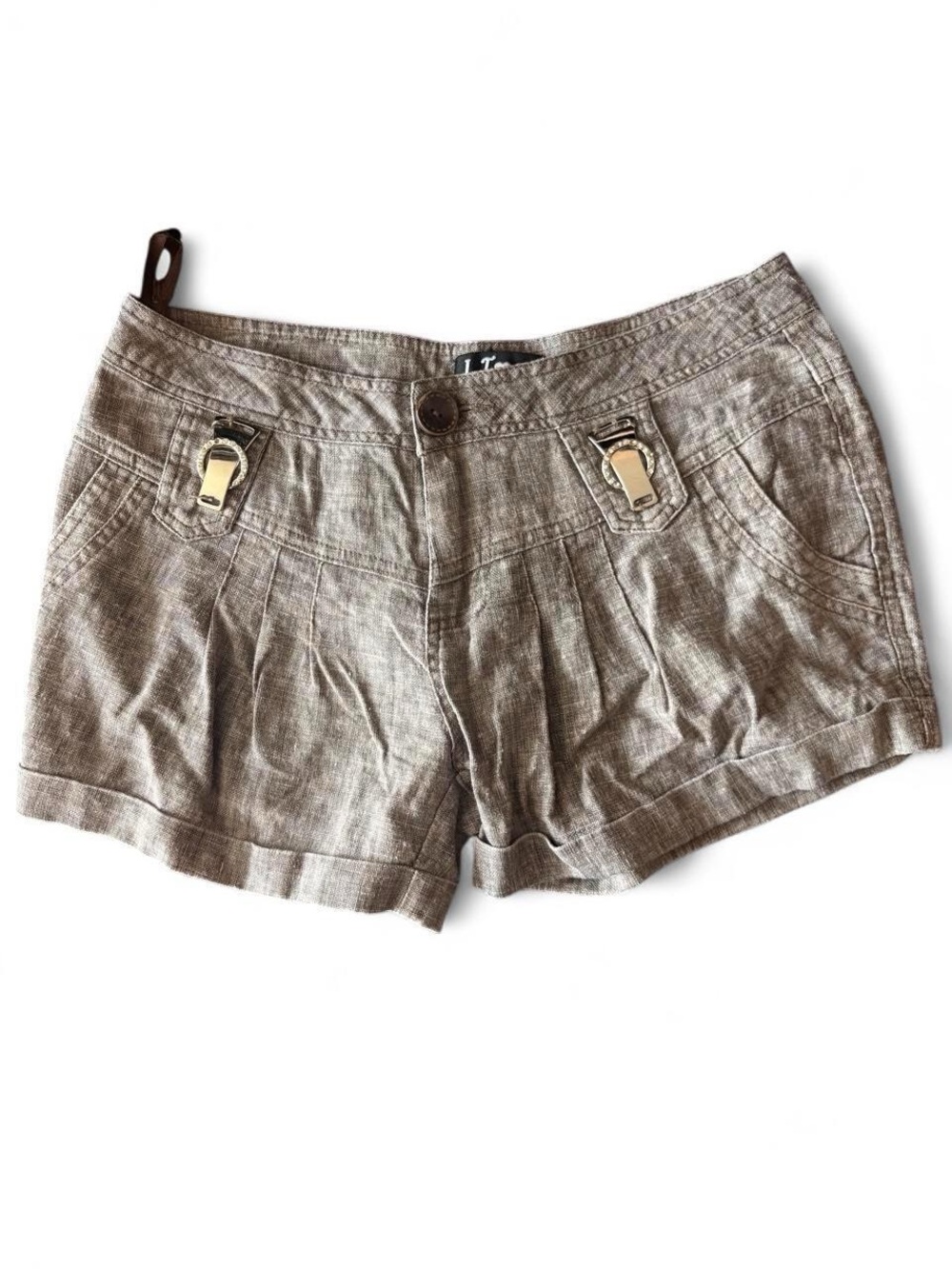 Linen-Blend Taupe Women’s Shorts with Decorative Buckles